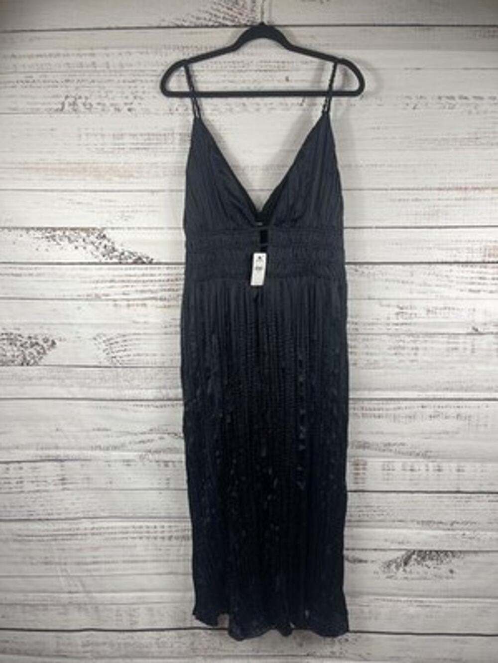 Express Dress Womens XL Gray Pleated Satin V Neck Strappy Maxi Side Slit
